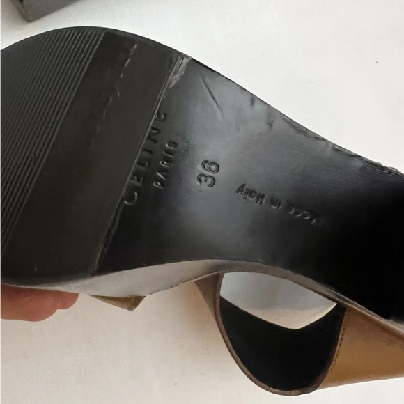 CELINE Strap Sandals Wood Brown High Heel Two tone Italy Shoes Platform Size 6 - Picture 5 of 8